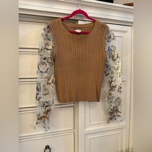 Brown Knit Sweater with Floral Sheer Sleeves from Anthropologie